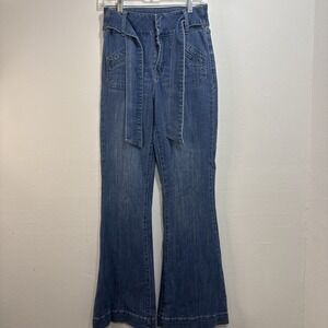 Forever 21 Women's High Rise Slim Fit Flared Blue Denim Jeans Size 27 Tie Waist